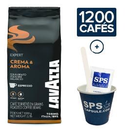 Pack Café grains & Accessoires 1200 boissons, soit: 9 kg de café en grains Lavazza Crema & aroma + 800 sucres poches + 800 agitateurs en papier +1200 gobelets en carton 16cl)