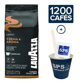 Pack Café grains & Accessoires 1200 boissons, soit: 9 kg de café en grains Lavazza Crema & aroma + 800 sucres poches + 800 agitateurs en papier +1200 gobelets en carton 16cl