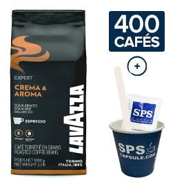 Pack Café grains & Accessoires 400 boissons, soit: 3 kg de café en grains Lavazza Crema & aroma + 400 sucres poches + 400 agitateurs en papier + 400 gobelets en carton 16cl