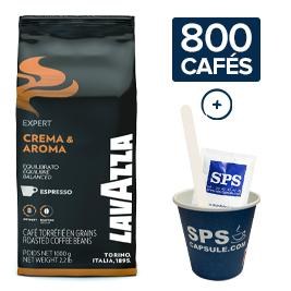 Pack Café grains & Accessoires 800 boissons, soit: 6 kg de café en grains Lavazza Crema & aroma + 400 sucres poches + 400 agitateurs en papier + 800 gobelets en carton 16cl