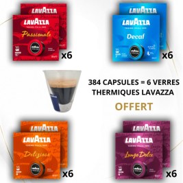 Lavazza A Modo Mio 384 CAPSULES + CADEAU 6 VERRES LAVAZZA (6 passionale + 6 dek+ 6 lungo dolce + 6 delizioso)